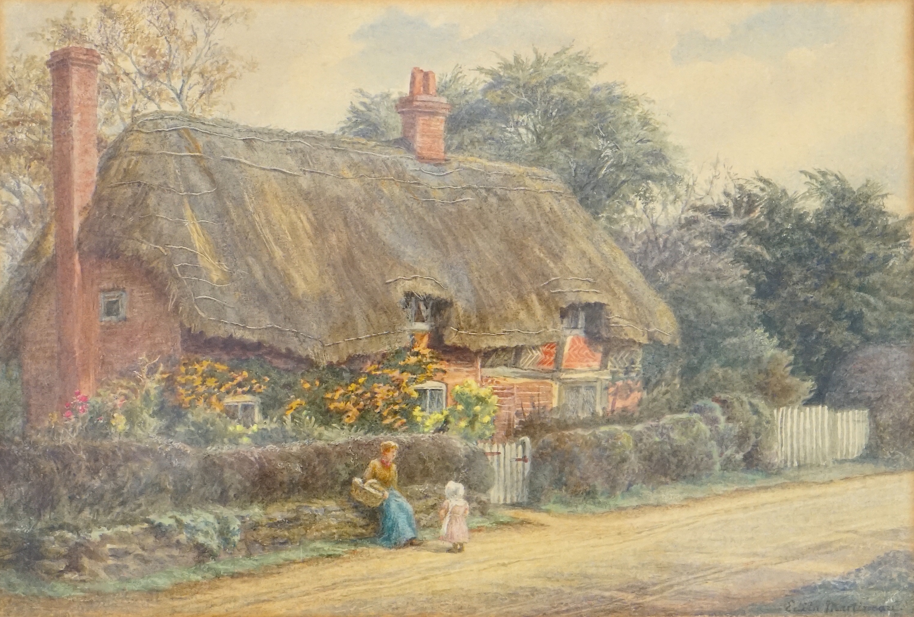 Edith Martineau (1842-1909), watercolour, Figures beside a thatched cottage, signed, 19 x 28cm